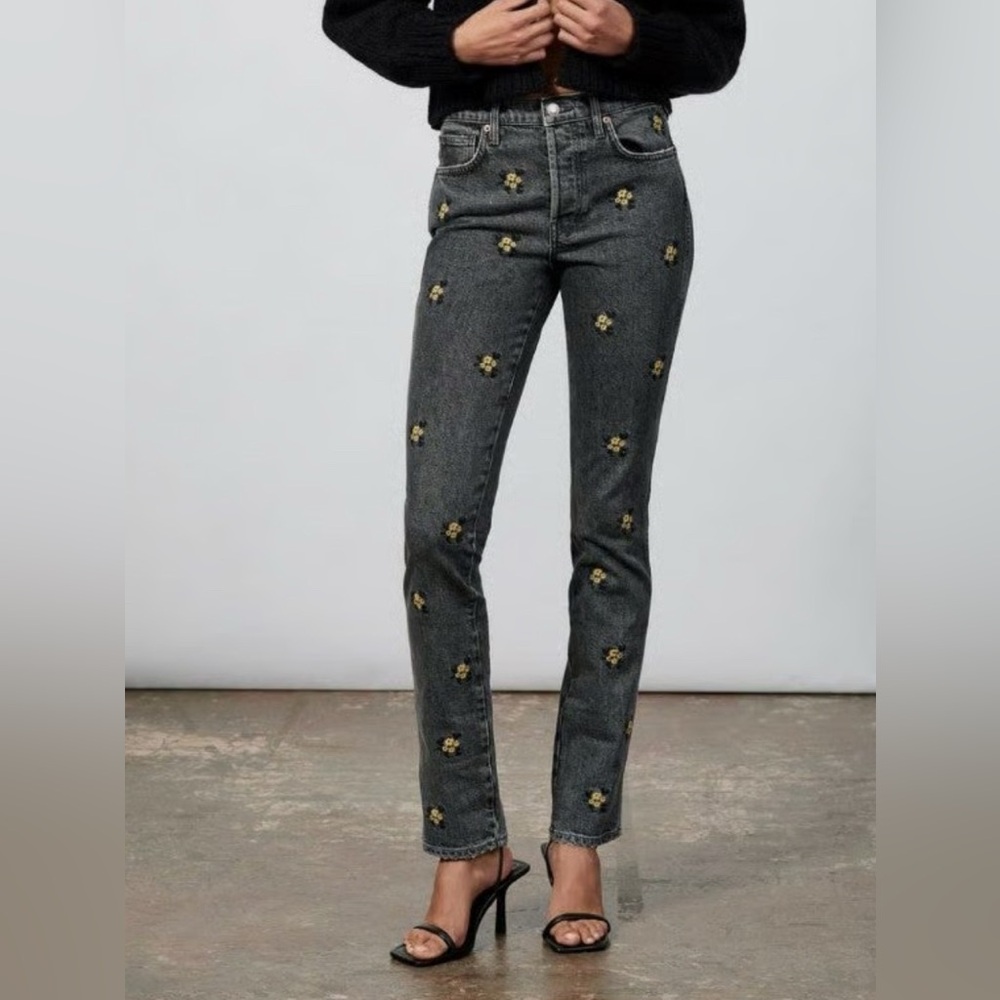 Zara Slim Full Length Black Floral High Rise Jeans